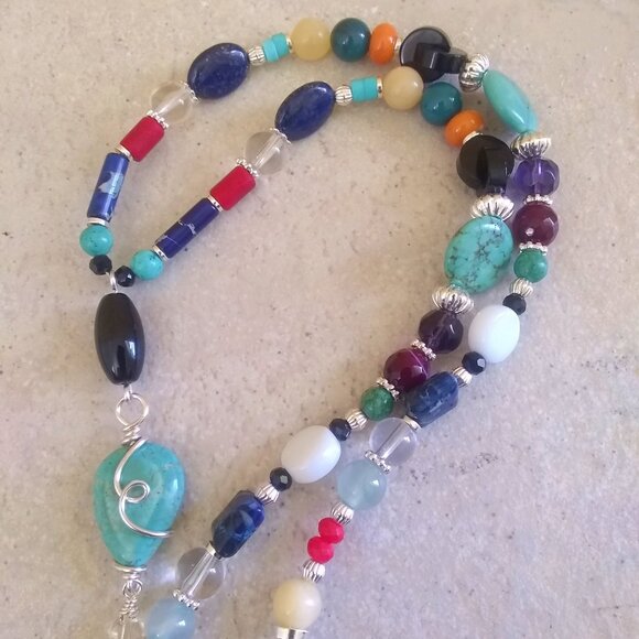Versatile & Colorful Boho Necklace - Loads of Semi-Precious Stone Beads 18+1.5" - Picture 4 of 11